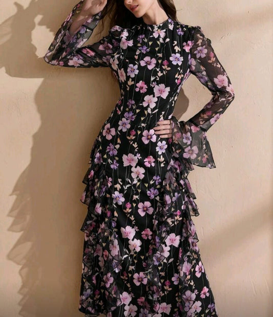 Black and Pink Floral Print Dress