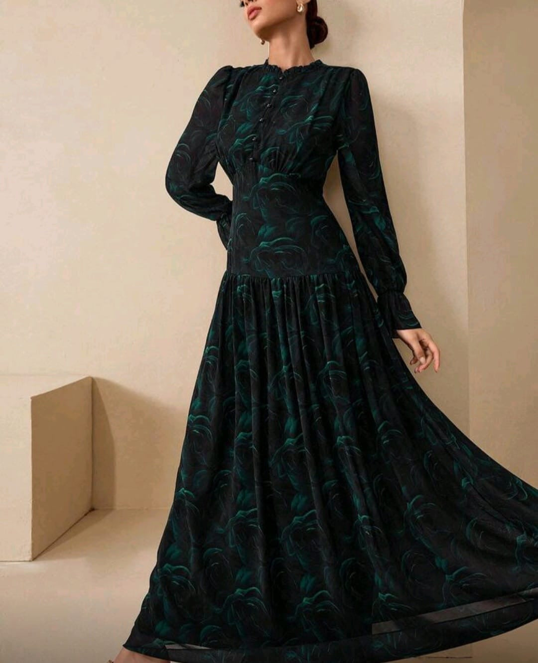 Green Floral Print Modest Gown