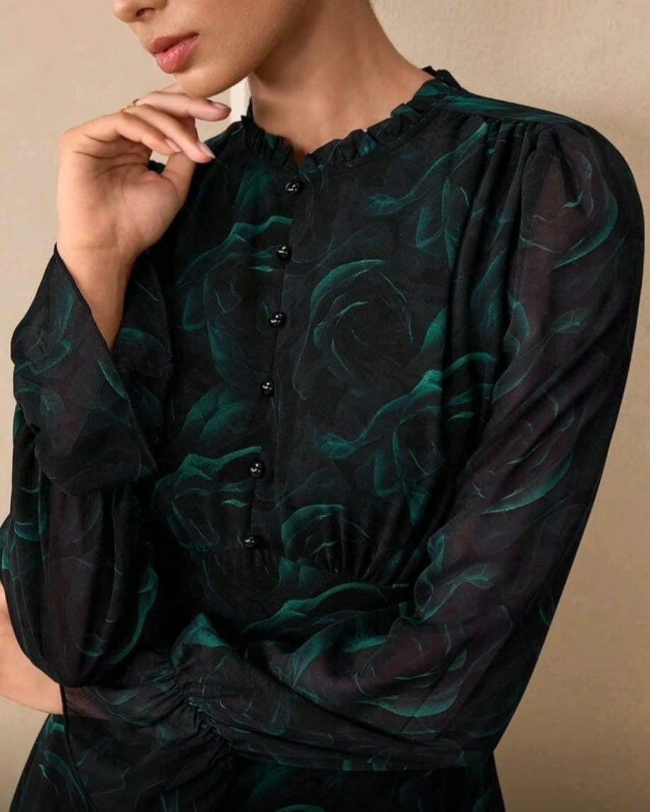 Green Floral Print Modest Gown