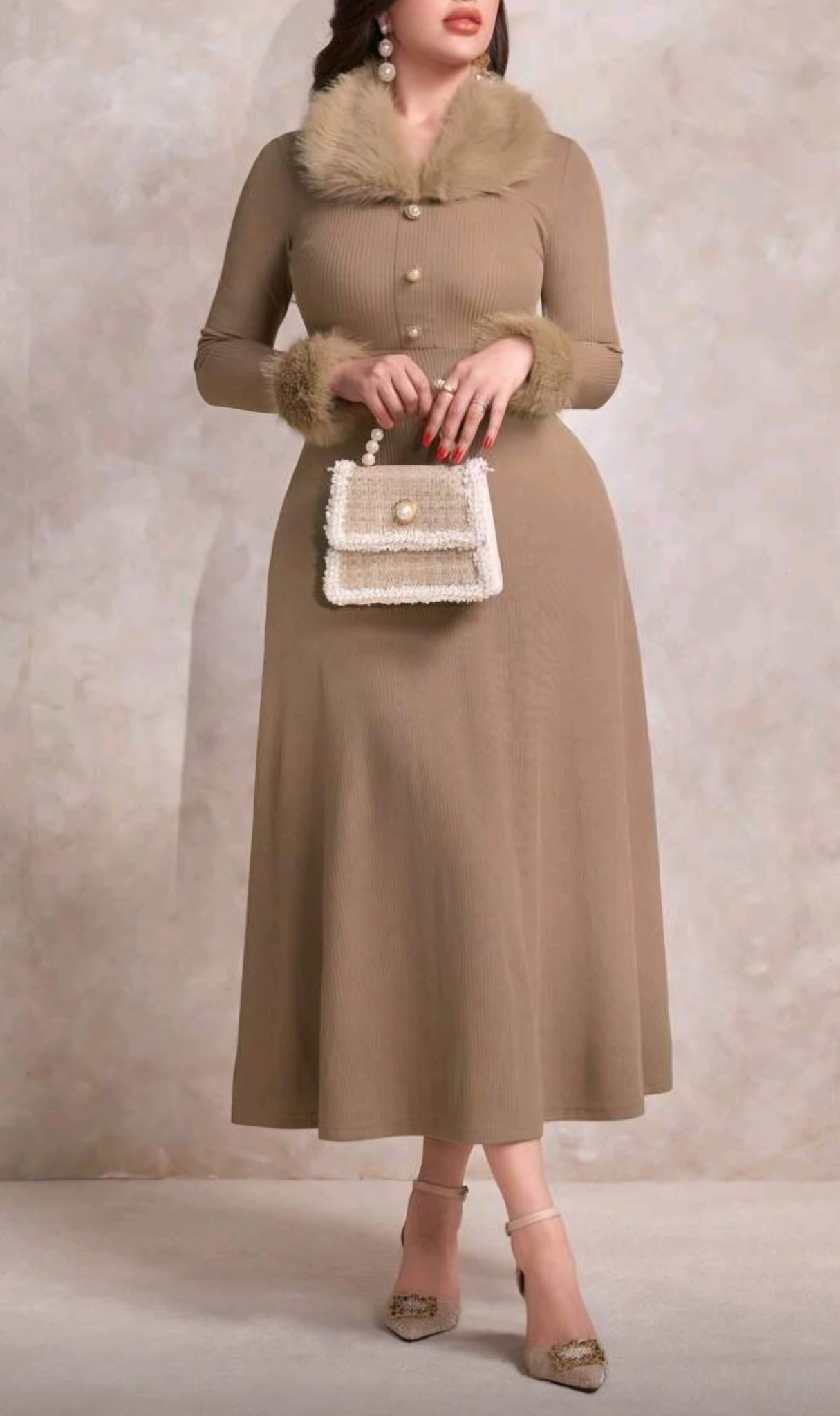 Beige Ribbed Midi Dress with Faux Fur Trim | Long Sleeve Button Detail Dress for Women – Al Zarif