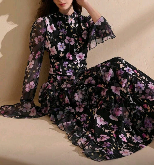 Black and Pink Floral Print Dress