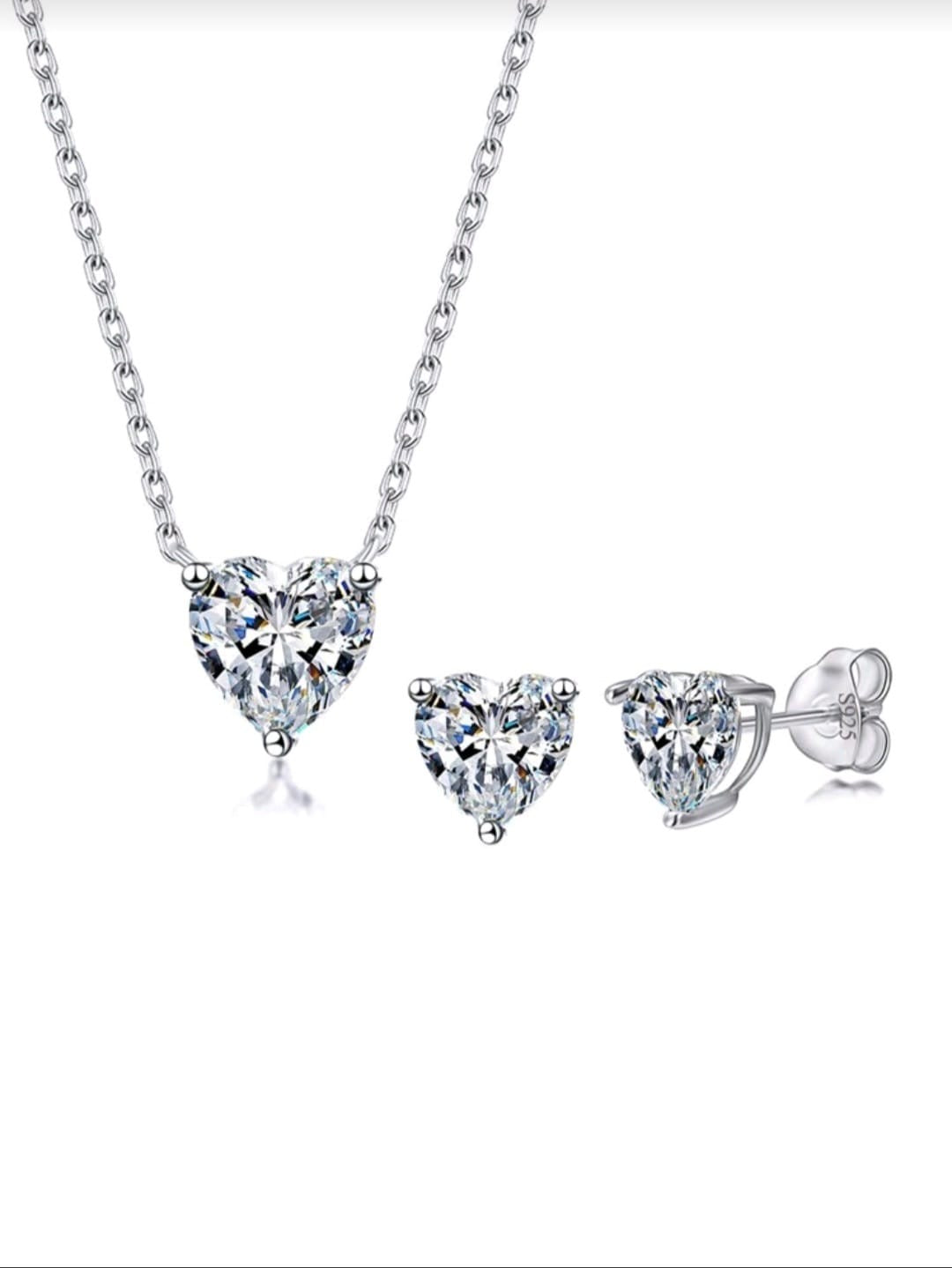 S925 Sterling Silver Heart Cut Cubic Zirconia Necklace & Stud Earrings Set