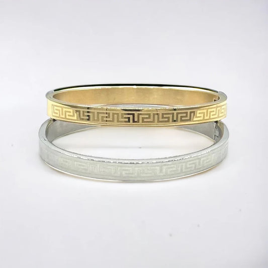 Stainless Steel Gold 6MM Greek Design With White Enamel Bangle